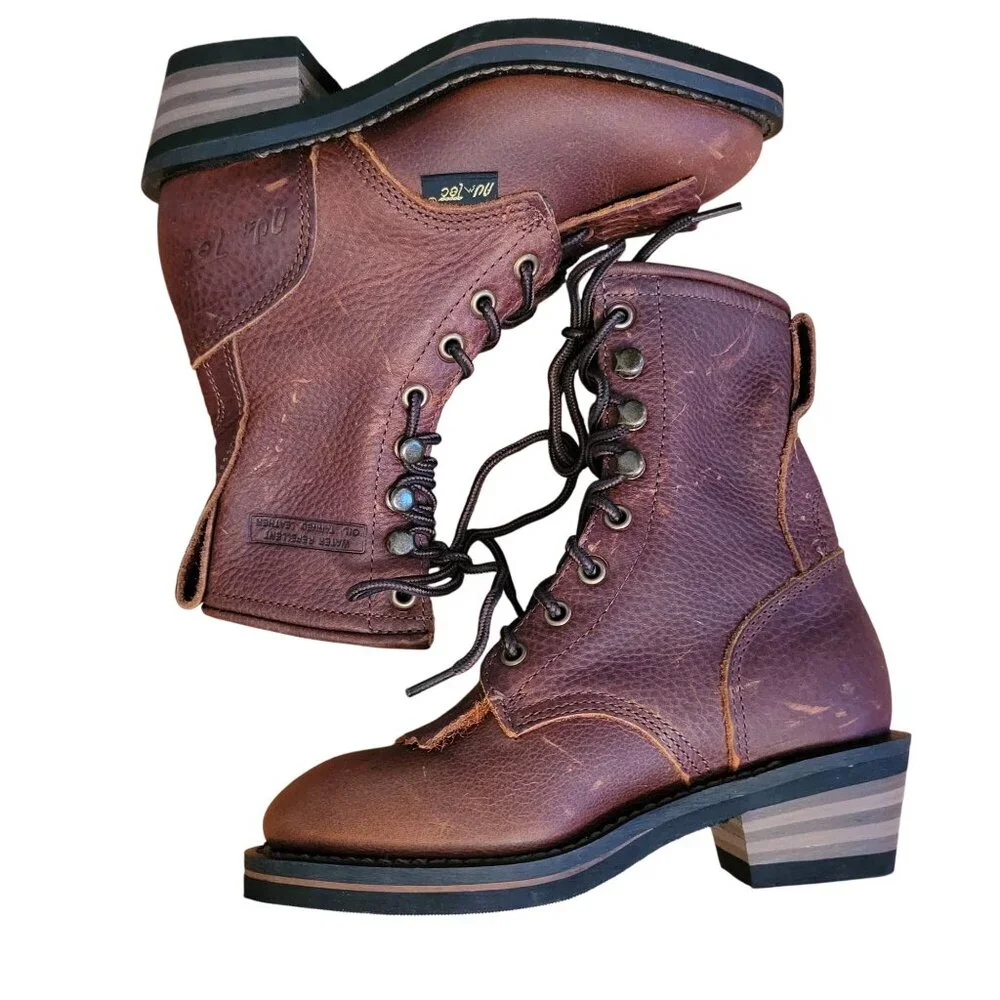 Ad Tec Girls 2 Brown Leather Packer‎ Boots Stacked Heel Water Repellant 4173